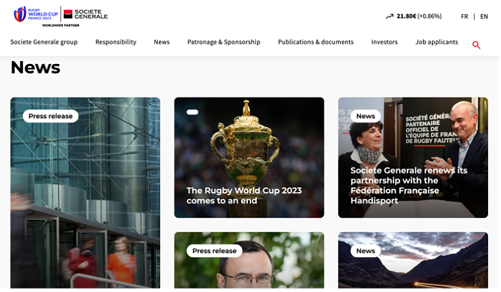 Société Générale's News section with two articles on Rugby