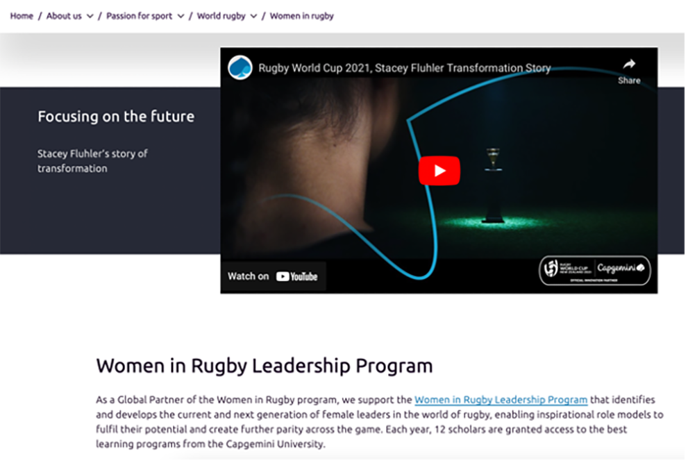 Capgemini’s “Women in Rugby” page showcases the company’s commitment to the growing women’s game