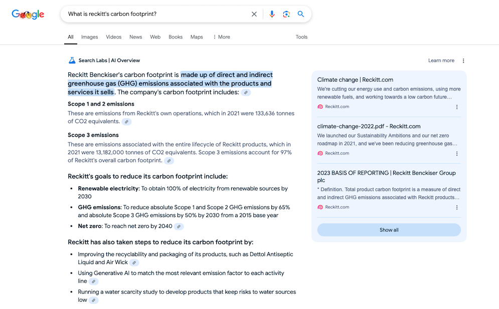 A screenshot of Google's AI overview for the search "What is Reckitt's carbon footprint?"